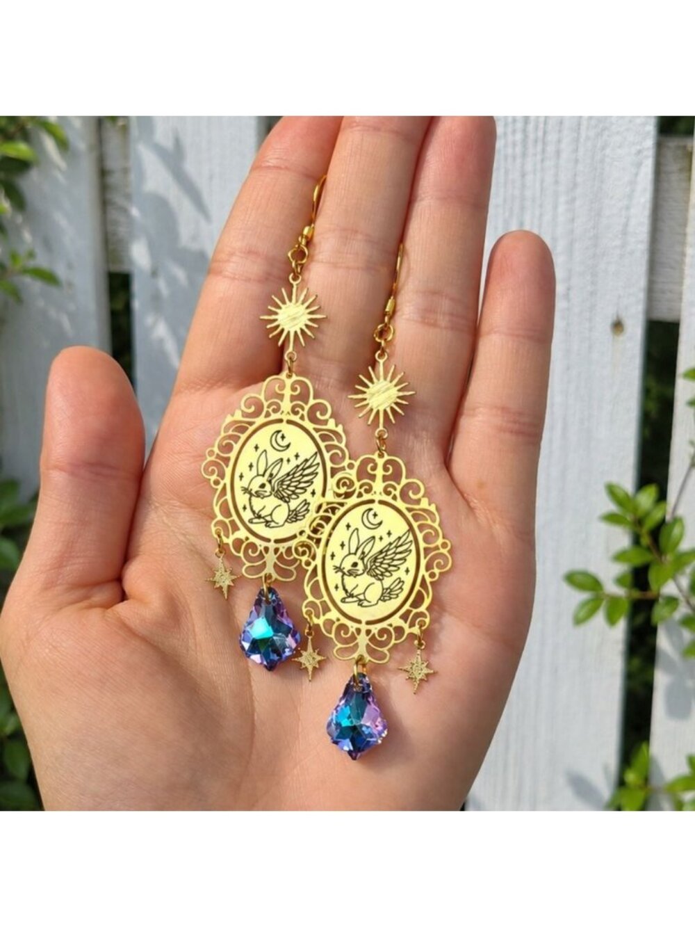 Celestial Bunny Earrings Crystal Drop Earrings Fantasy Rabbit Earrings Gold
